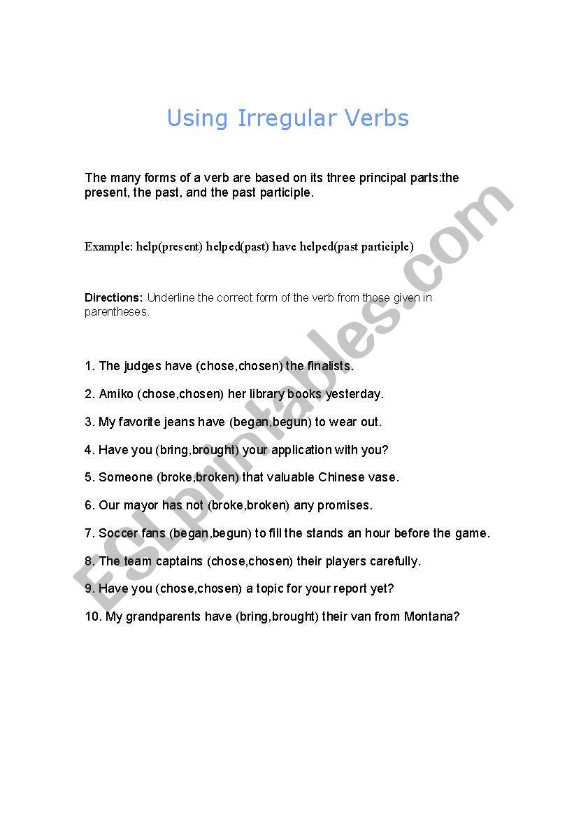 Irregular Verbs worksheet worksheet