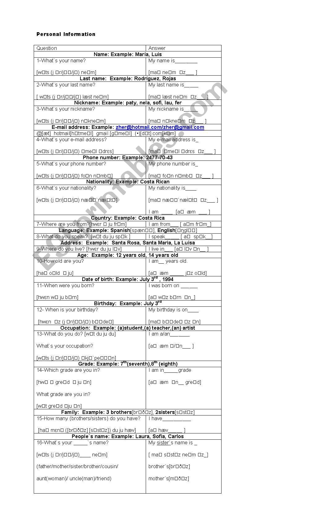 Personal Information worksheet