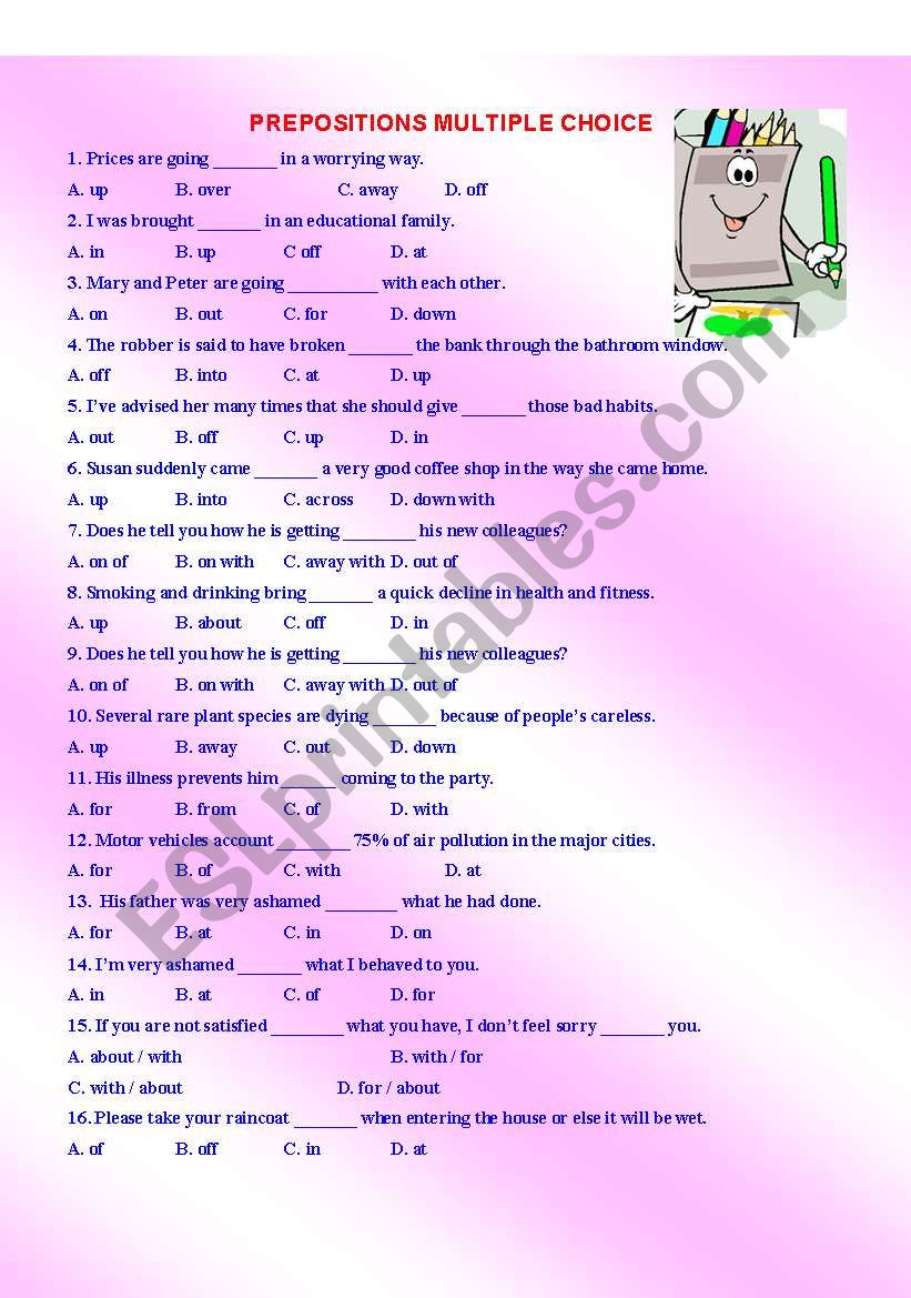 PREPOSITIONS MULTIPLE CHOICE worksheet