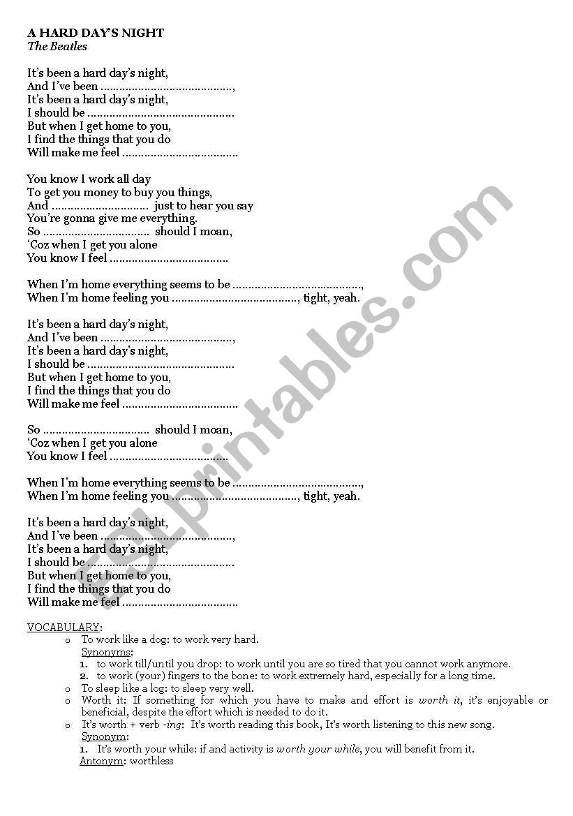 A Hard Days Night Worksheet worksheet