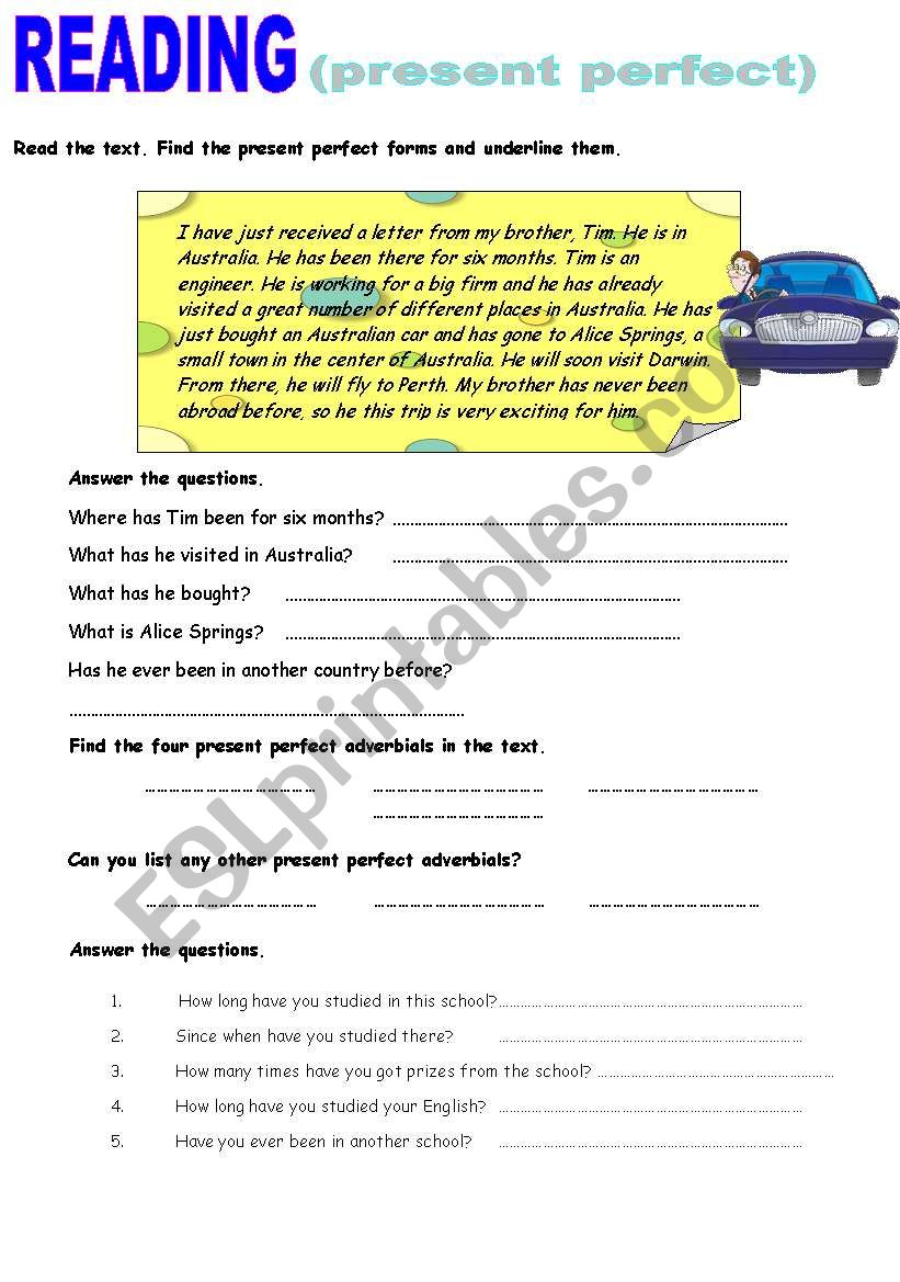 READING (PRESENT PERFECT) worksheet