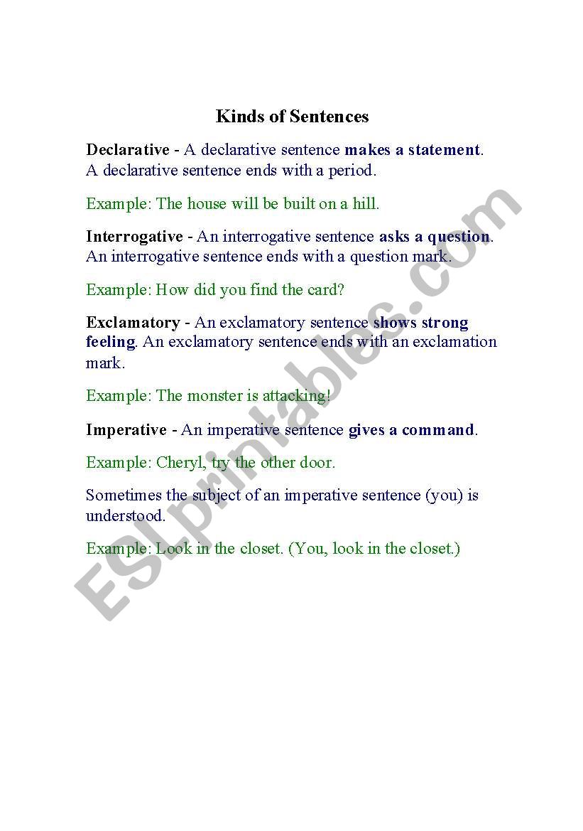 Kinds of sentences worksheet