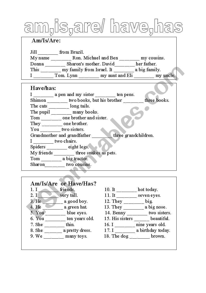 am/is/are or have/has worksheet