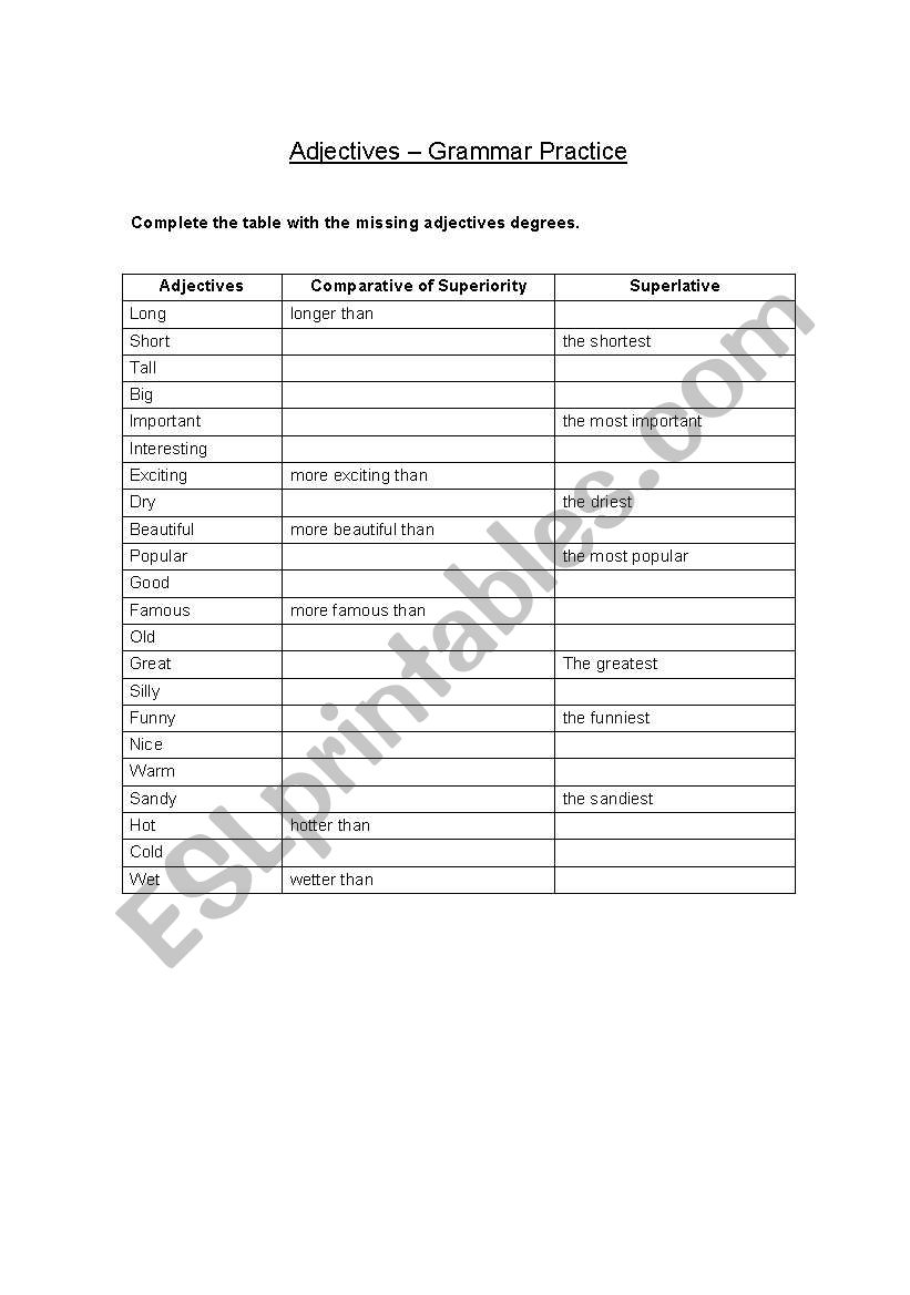 Adjectives - fill in a table worksheet