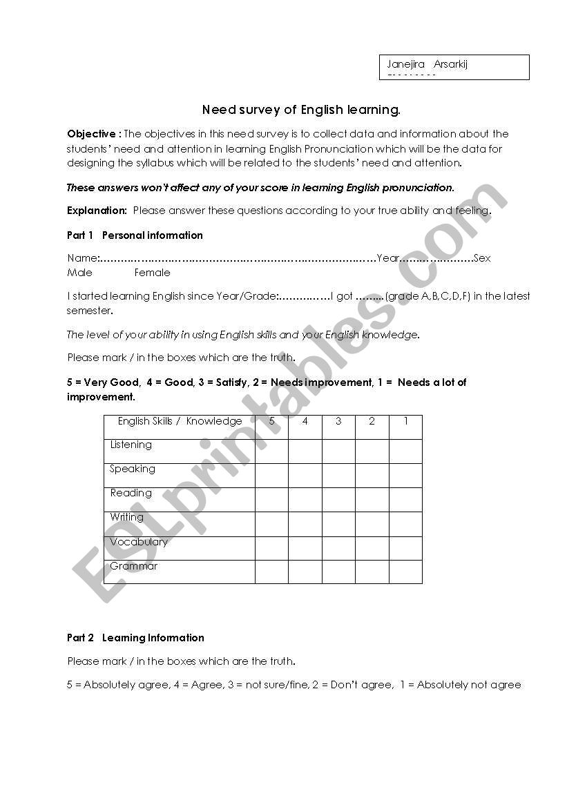 Needs survey  worksheet