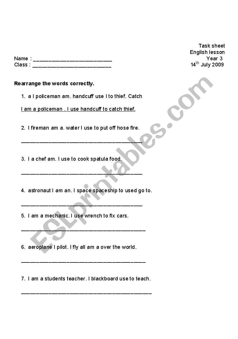 occupation re-arrange words worksheet