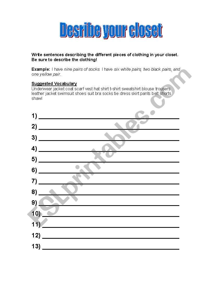 DESCRIBE YOUR CLOSET worksheet