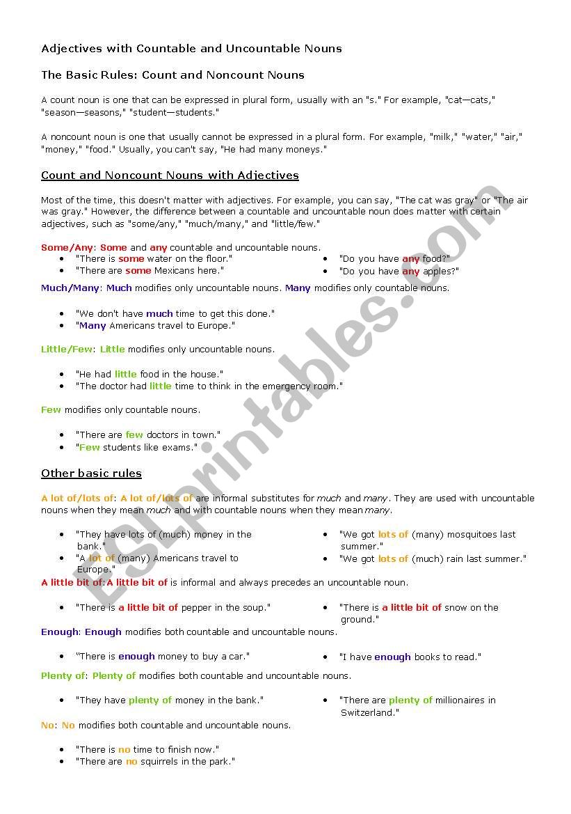 Adjectives with Countable and Uncountable Nouns