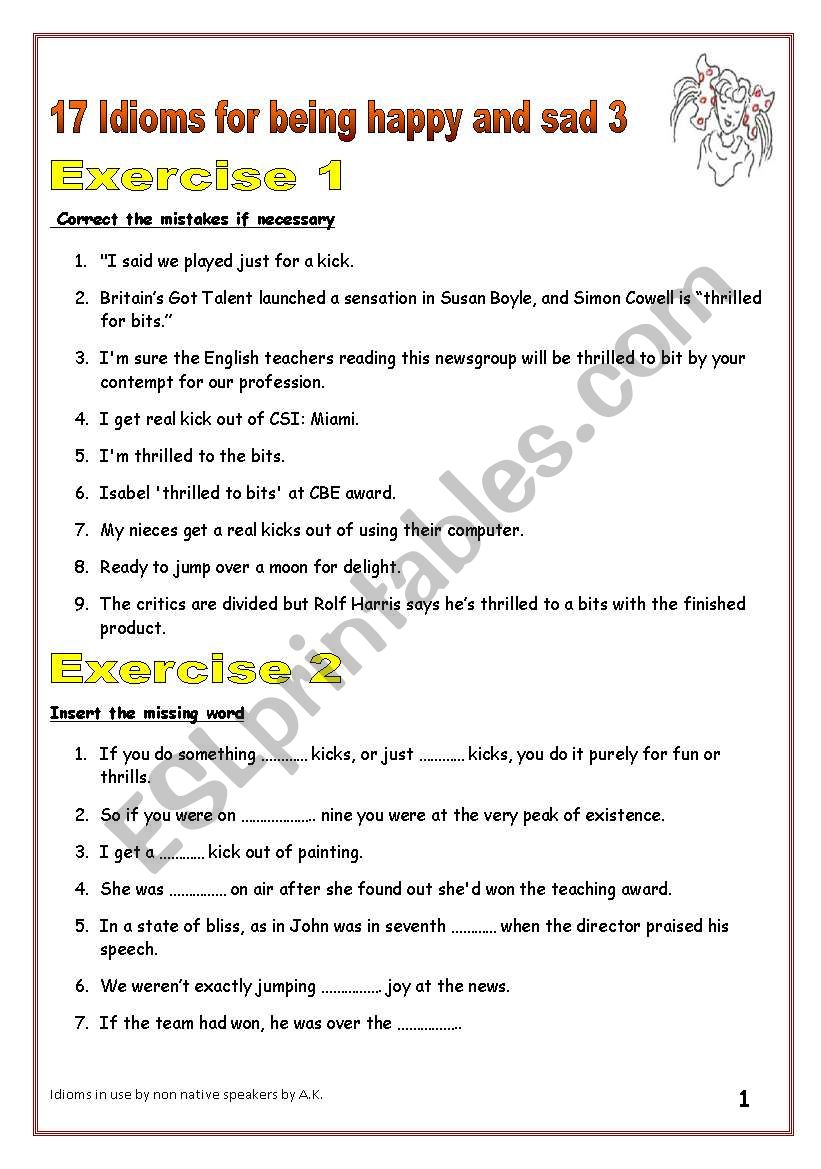6 PAGES - 9 EXERCISES TO TEACH IDIOMS FOR HAPPINESS AND SADNESS