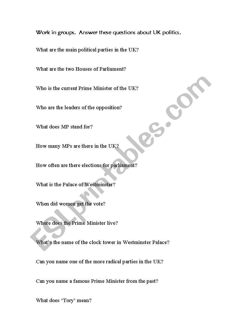 UK Politics - Speaking worksheet