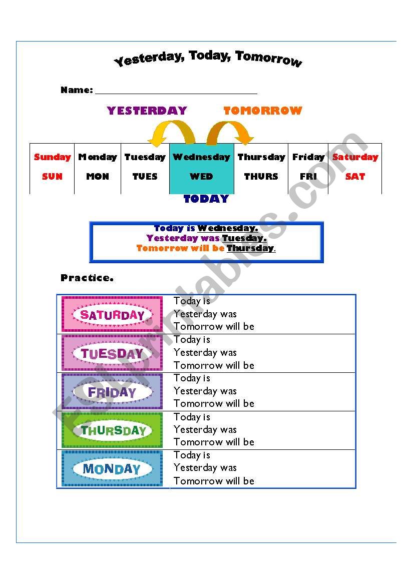 Yesterday, today, tomorrow worksheet