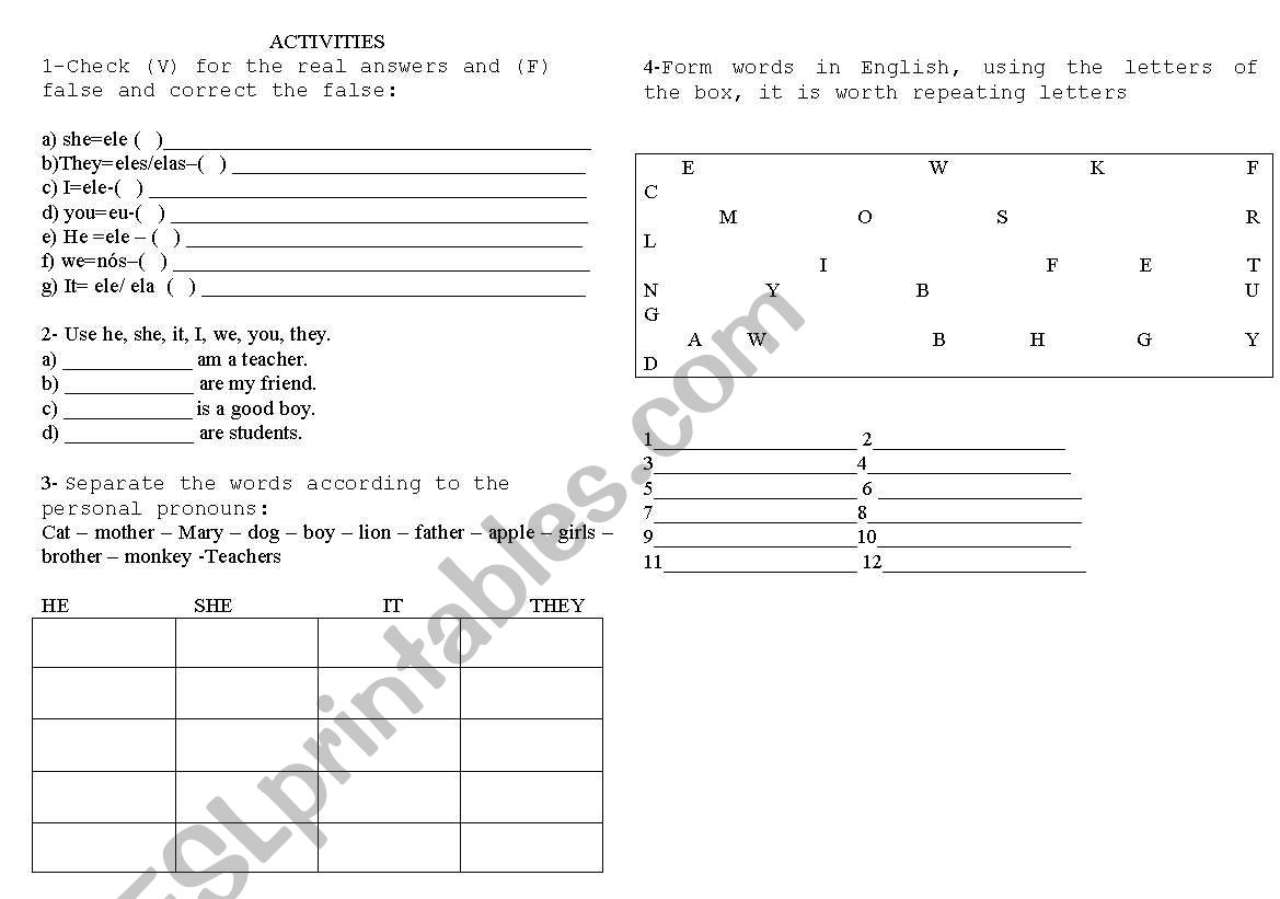 PERSONAL PRONOUS-ACTIVITIES worksheet