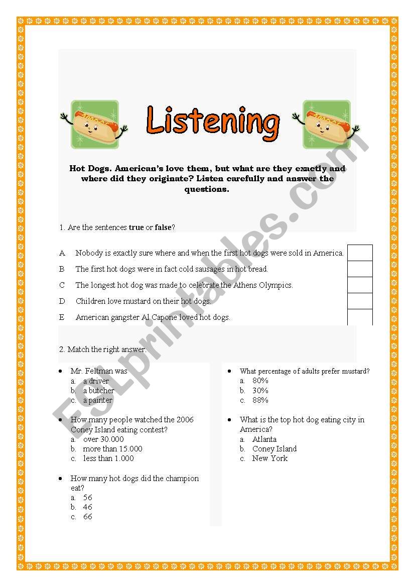 Listening - HOT DOGS worksheet