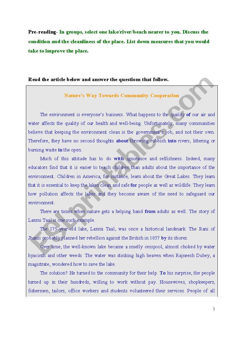 Environment- Reading activity worksheet