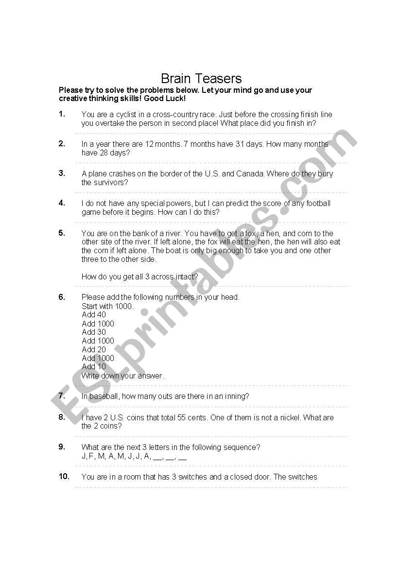 brain teasers worksheet