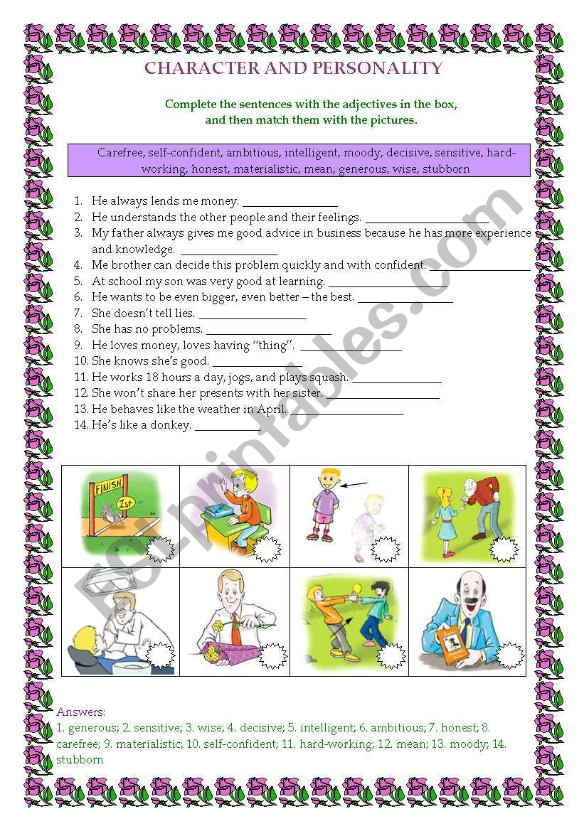 Character (adjectives) worksheet