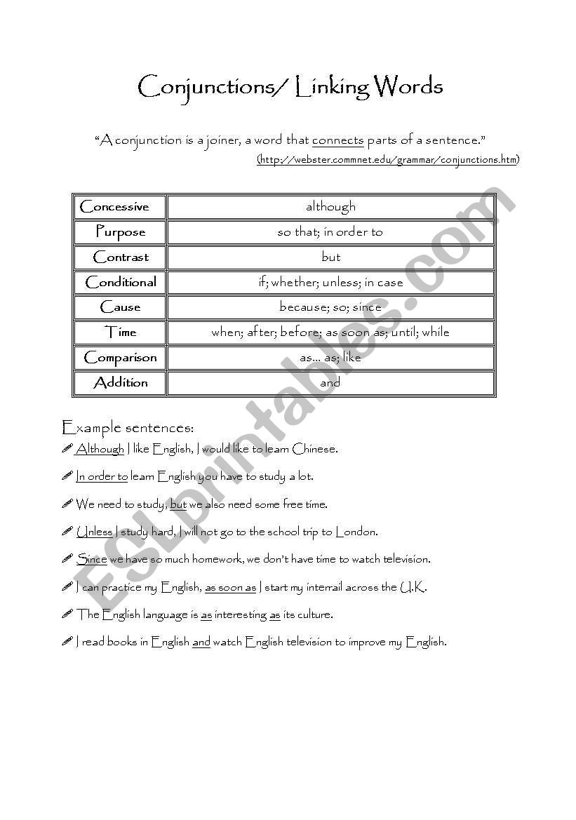 Conjuctions/ Linking Words worksheet