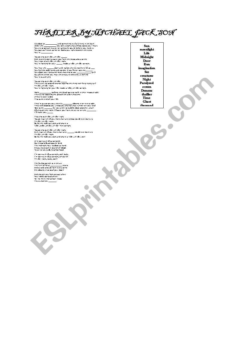 THRILLER BY MICHAEL JACKSON worksheet