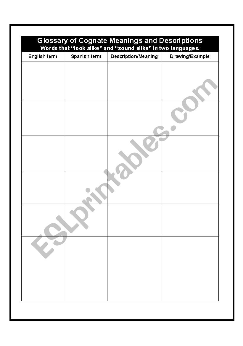 Glossary of Cognates worksheet