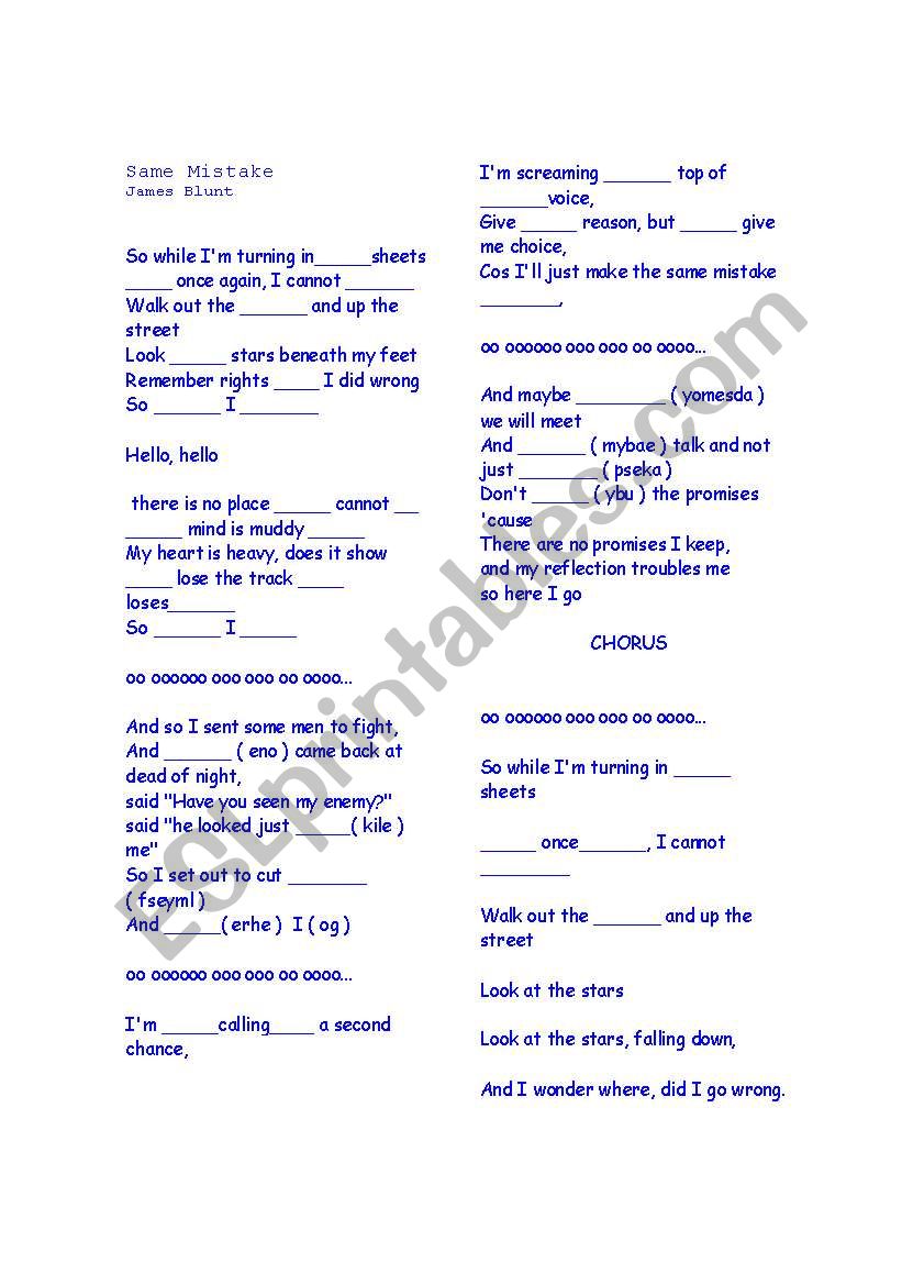 same mistake - JAMES BLUNT worksheet