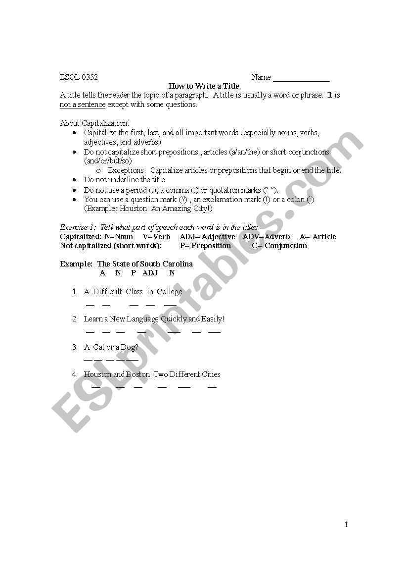 How to Write a Title worksheet