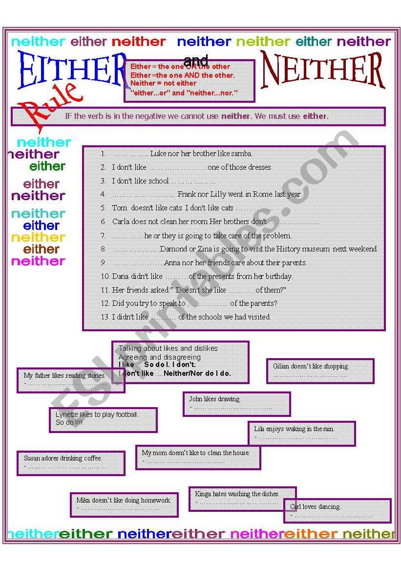 Either and neither  worksheet