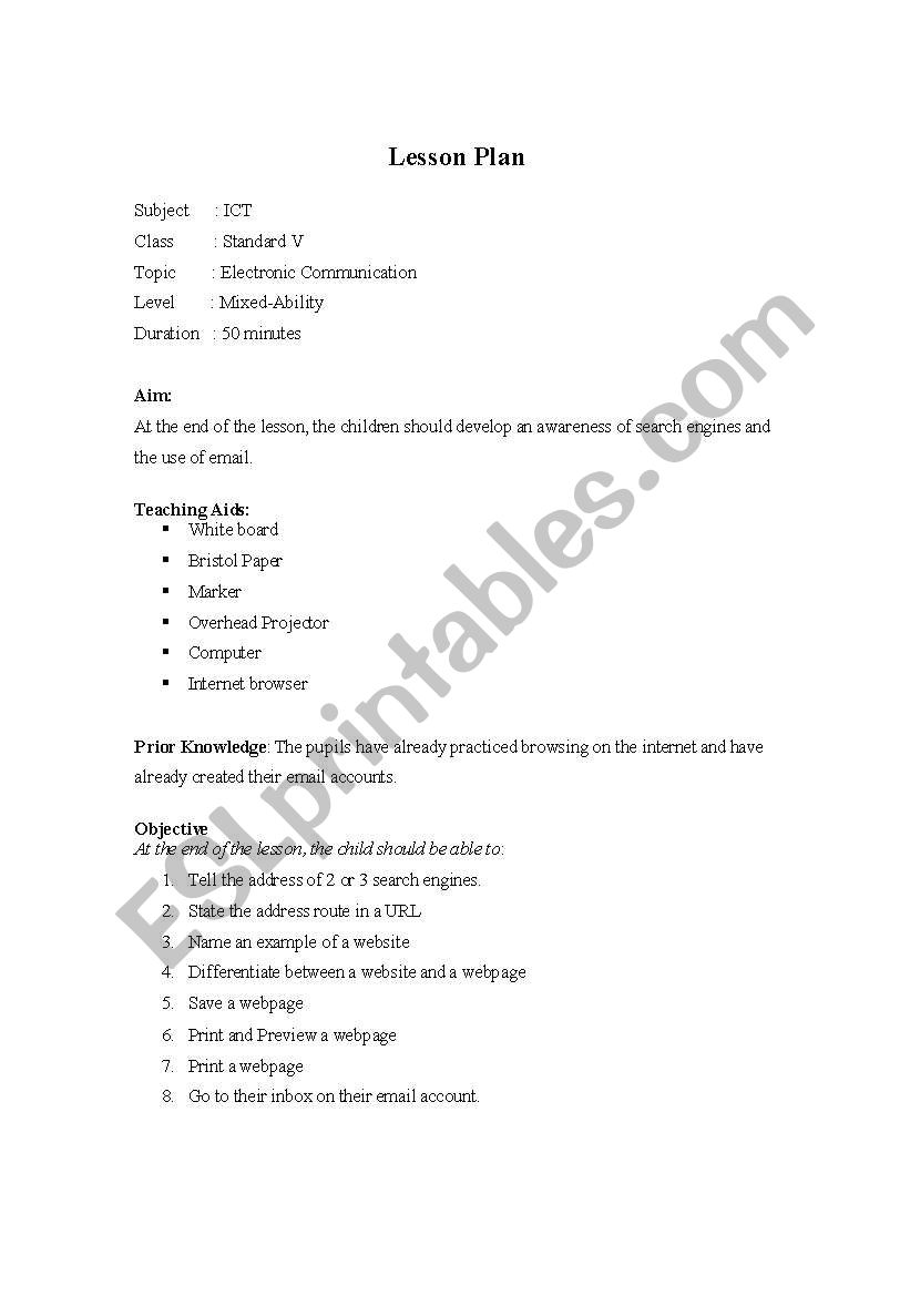 aA lesson plan on how to explain emails to pupils