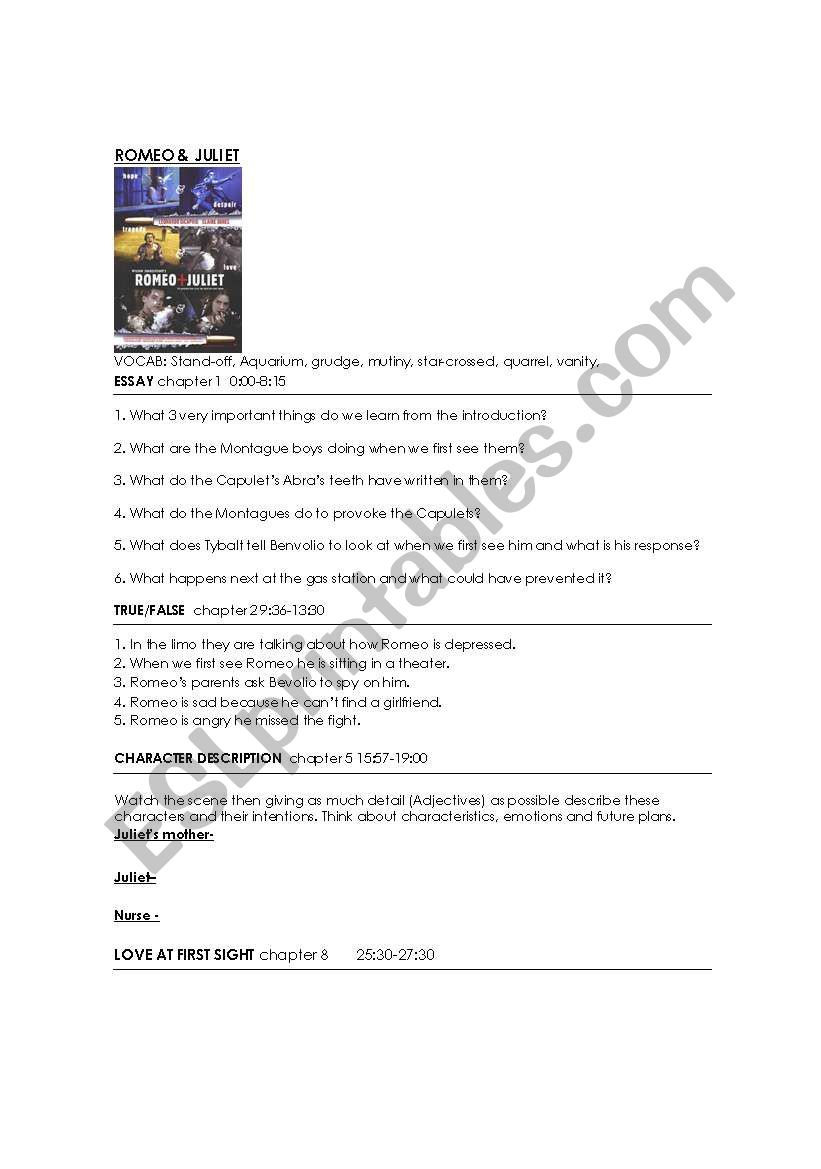 romeo and juliet movie worksheet