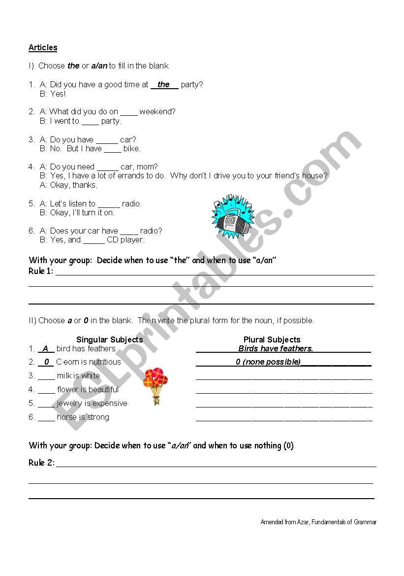 Articles worksheet