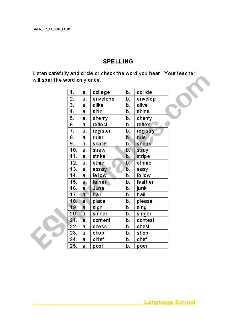 SPELLING of objects worksheet