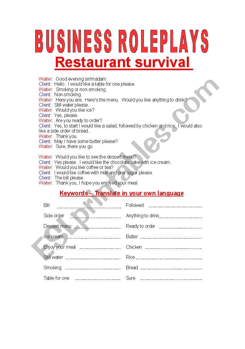 Restaurant Survival worksheet