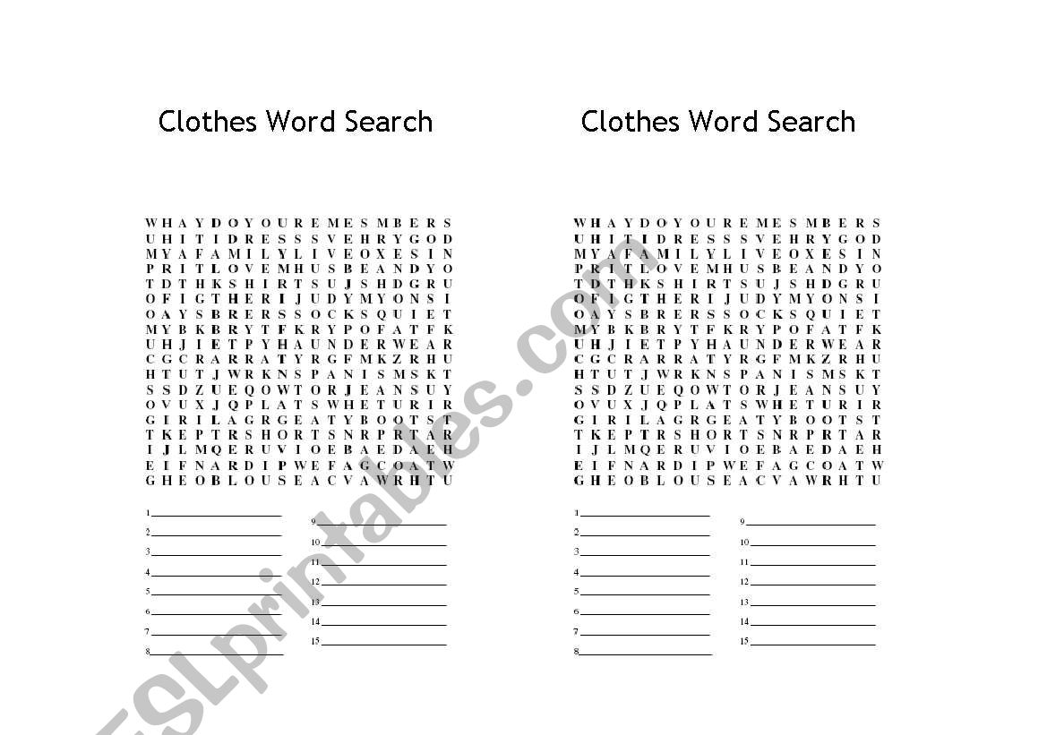 Clothes Word Search worksheet