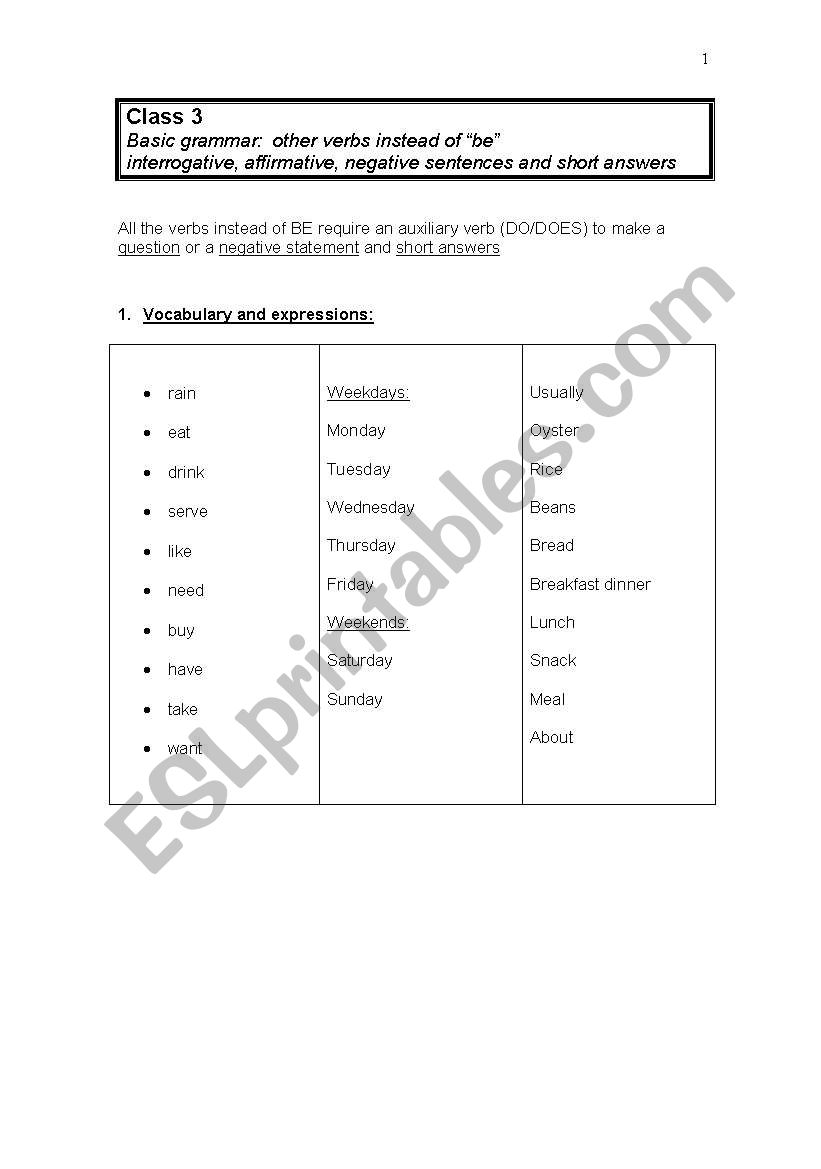 English worksheets: Basic grammar: other verbs instead of “be”