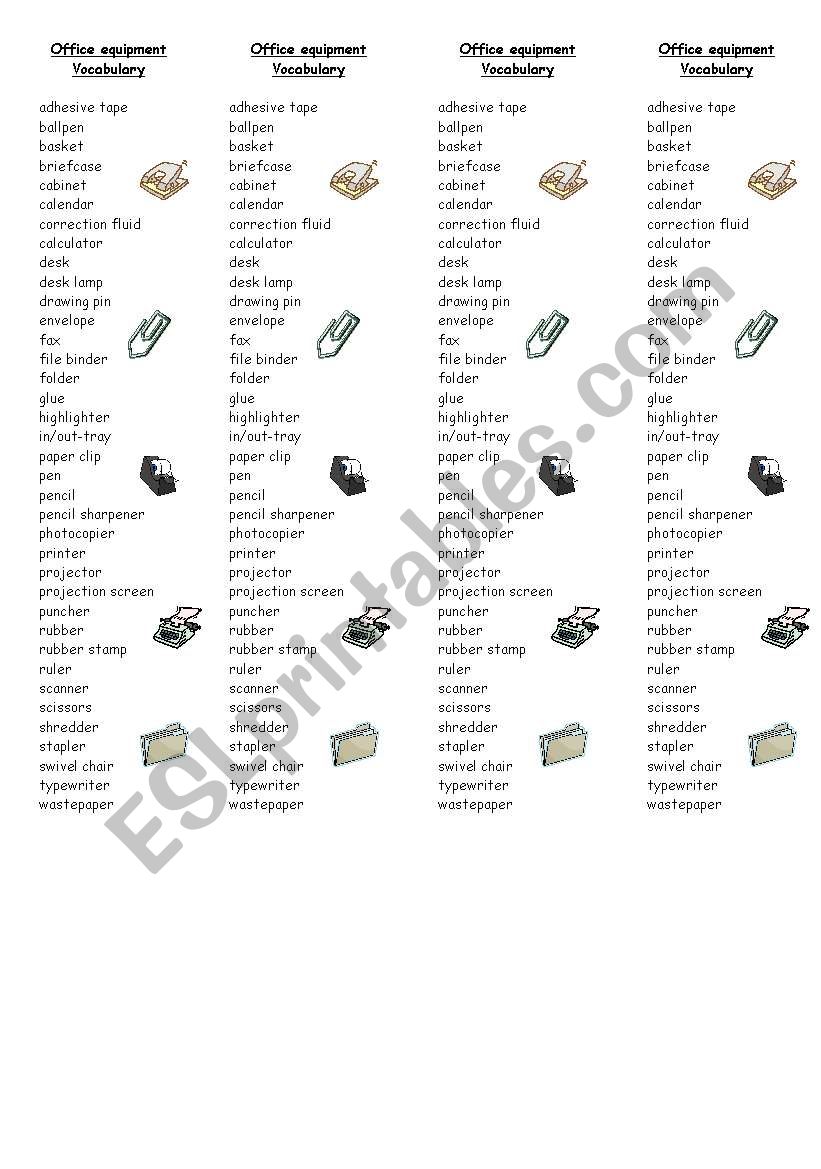 Office equipment and school obejects vocabulary
