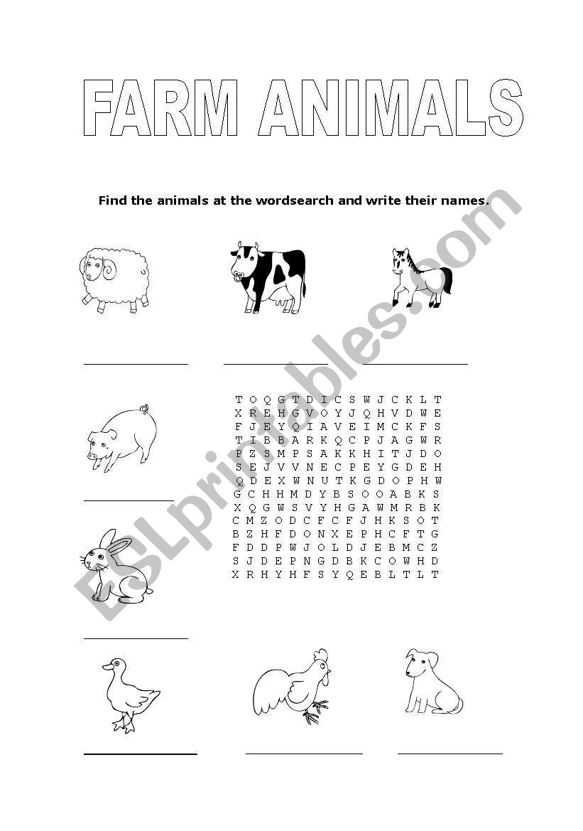 Farm animals wordsearch worksheet