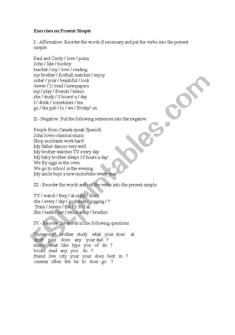 Exercises on Present Simple worksheet