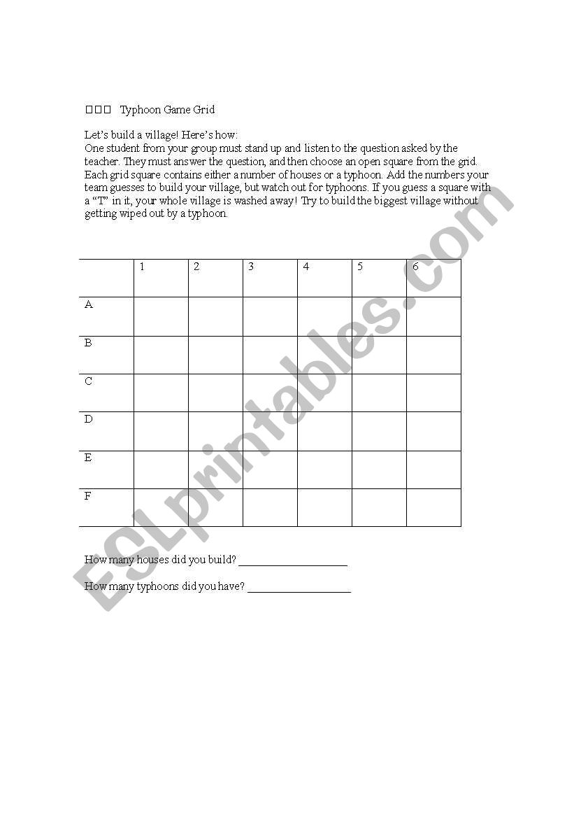 Typhoon Game worksheet