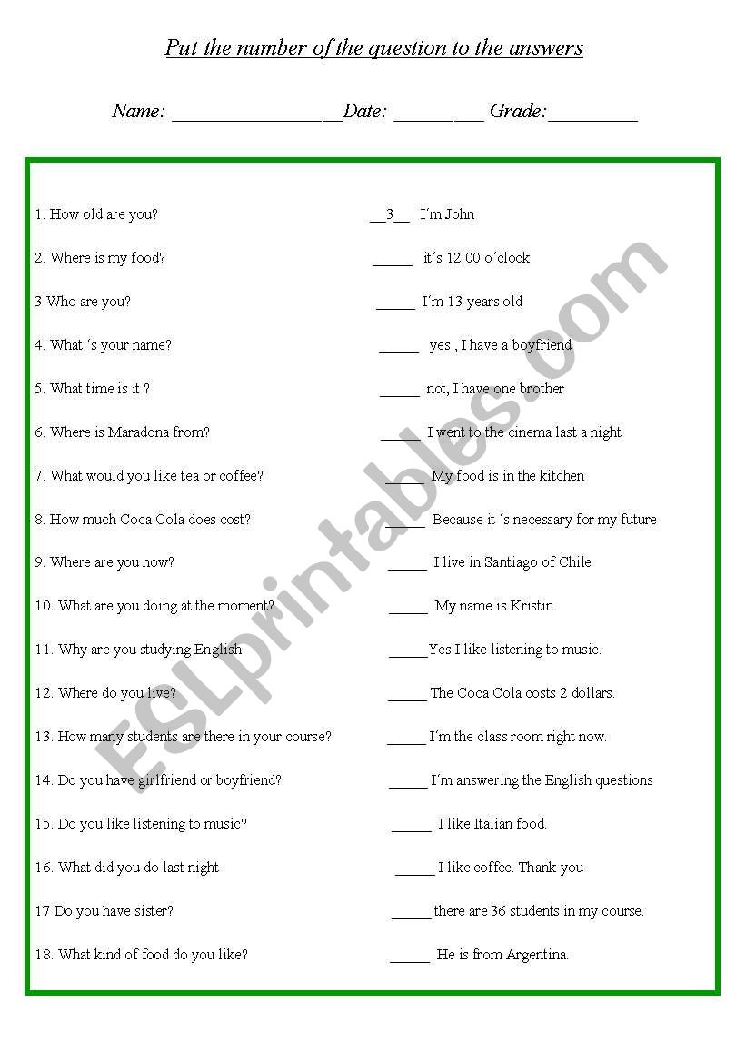 Questions and answers worksheet