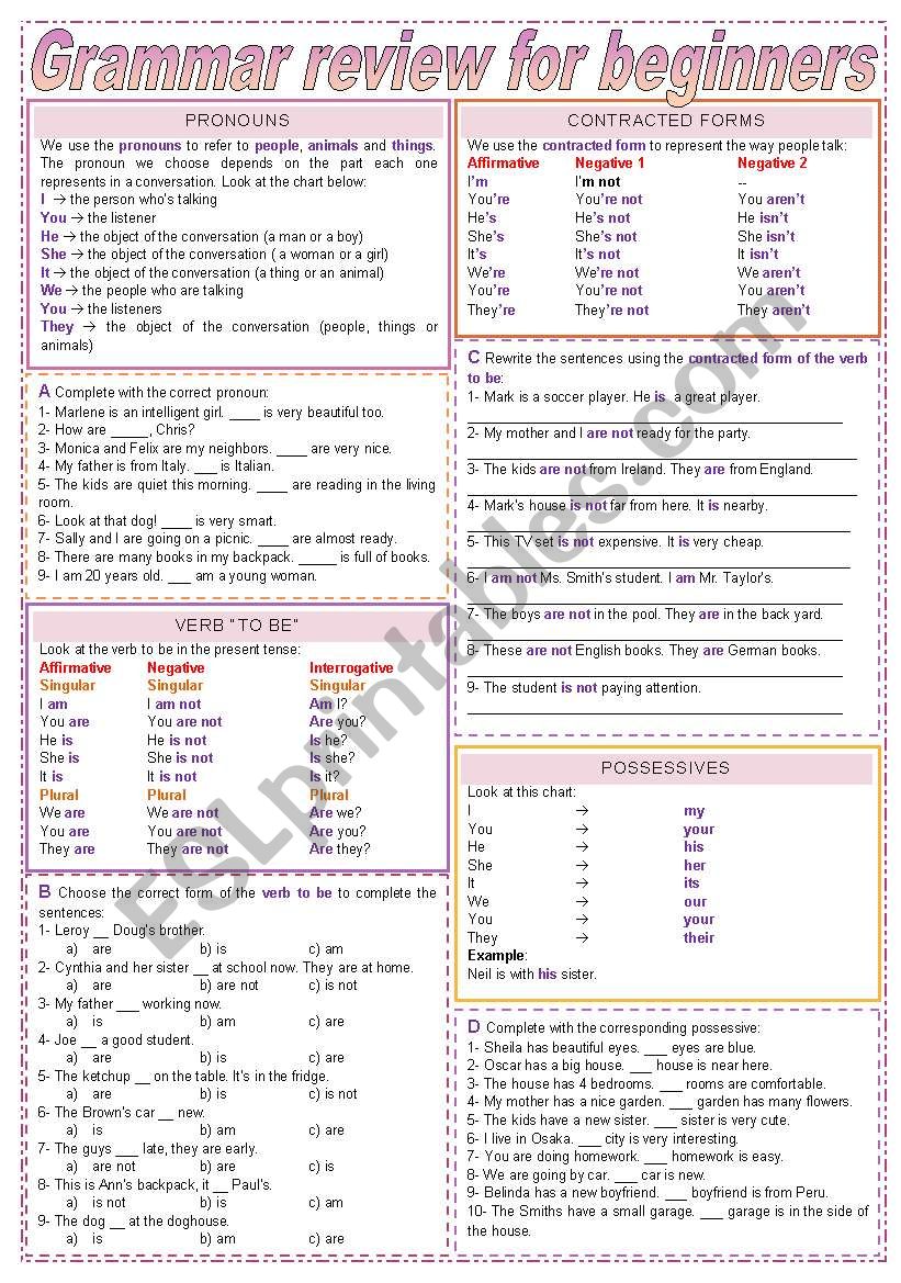 Grammar Review for Beginners - 3-page review, 14 different exercises, fully editable, with keys included