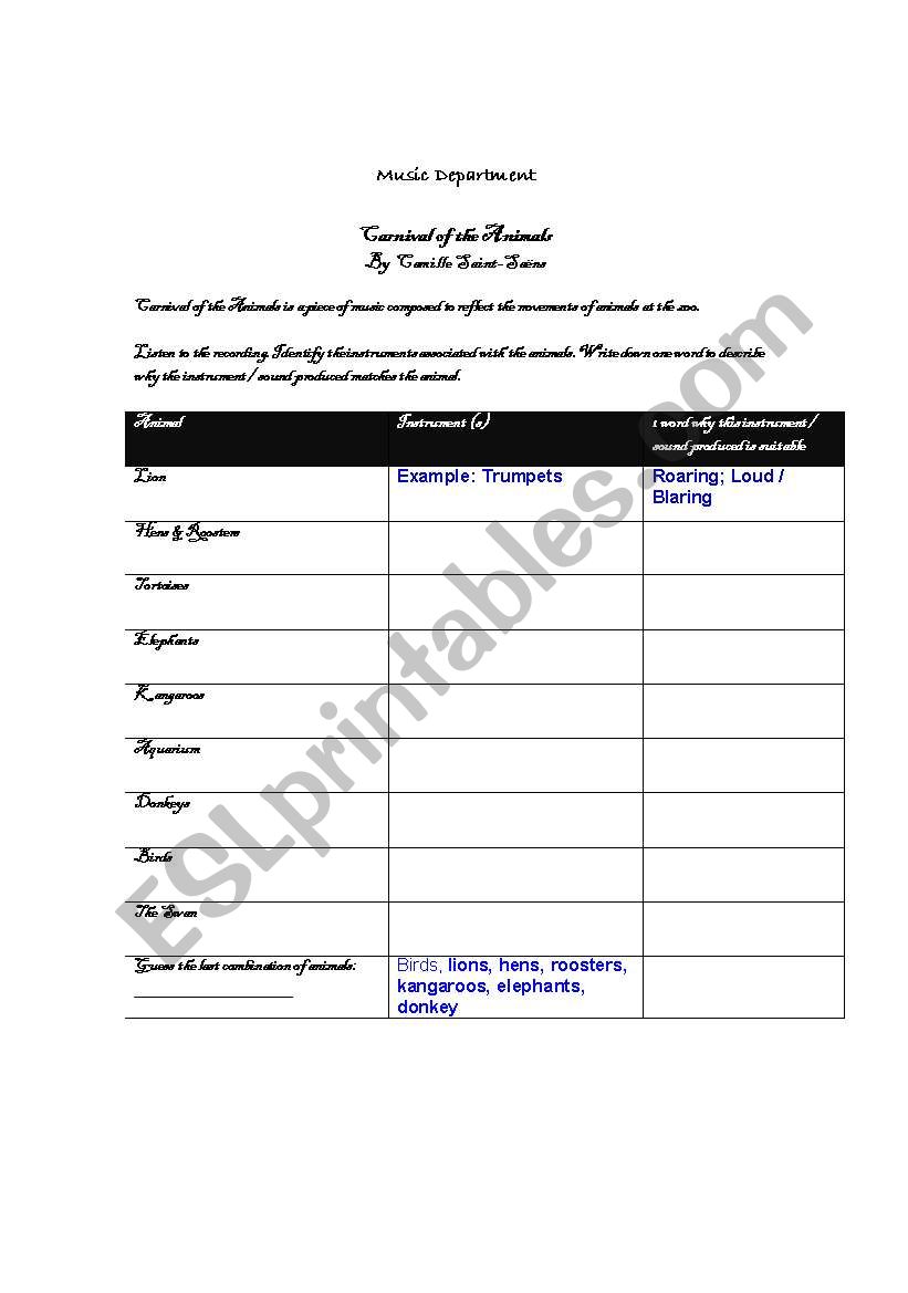 Carnival of the Animals worksheet