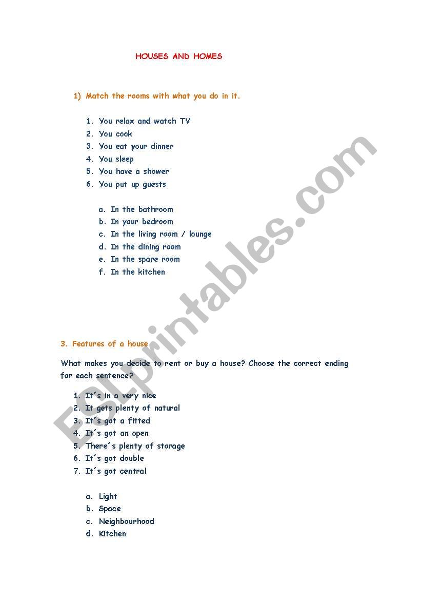 Homes and houses worksheet
