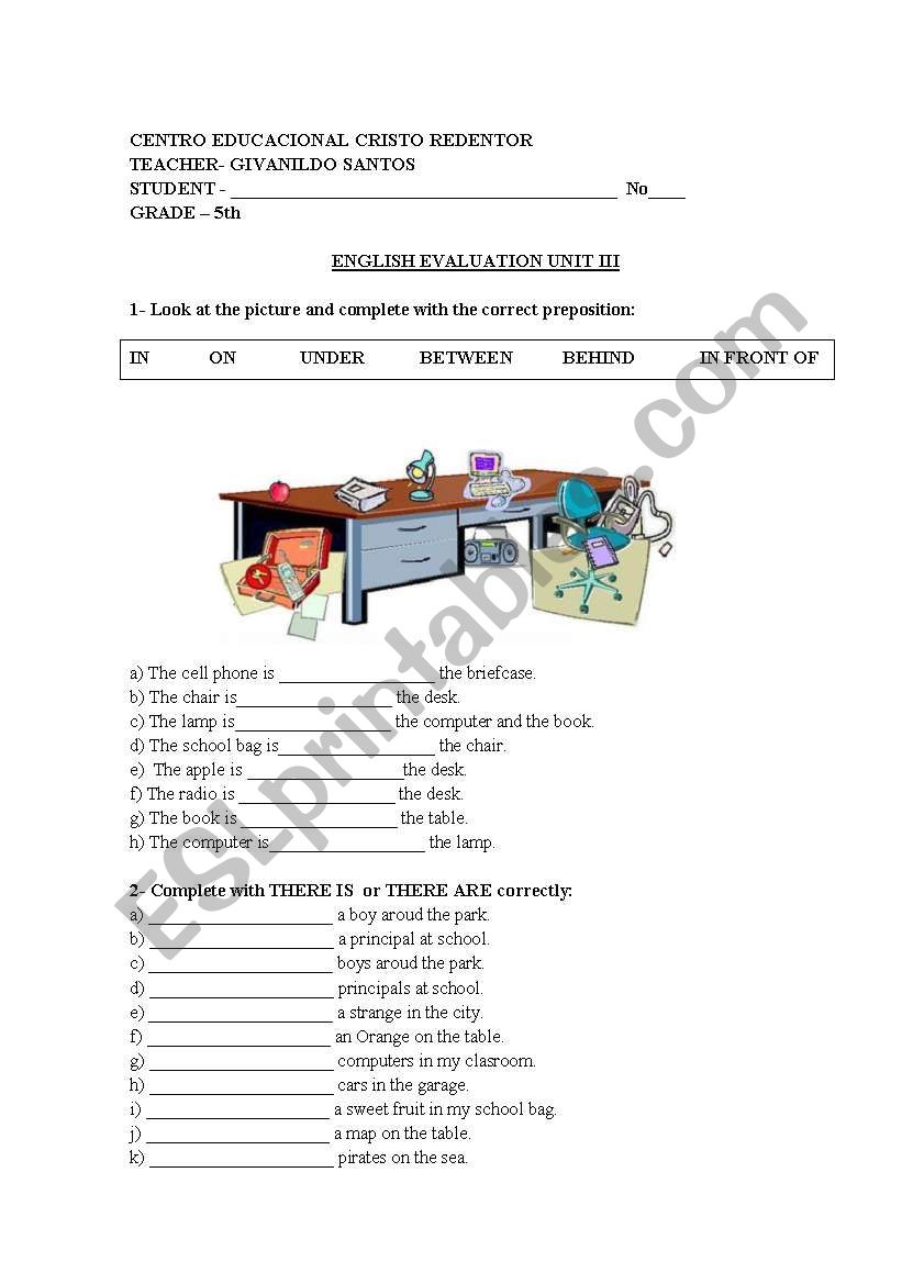 Evaluation with there to be verb, Indefinite article and prepositions