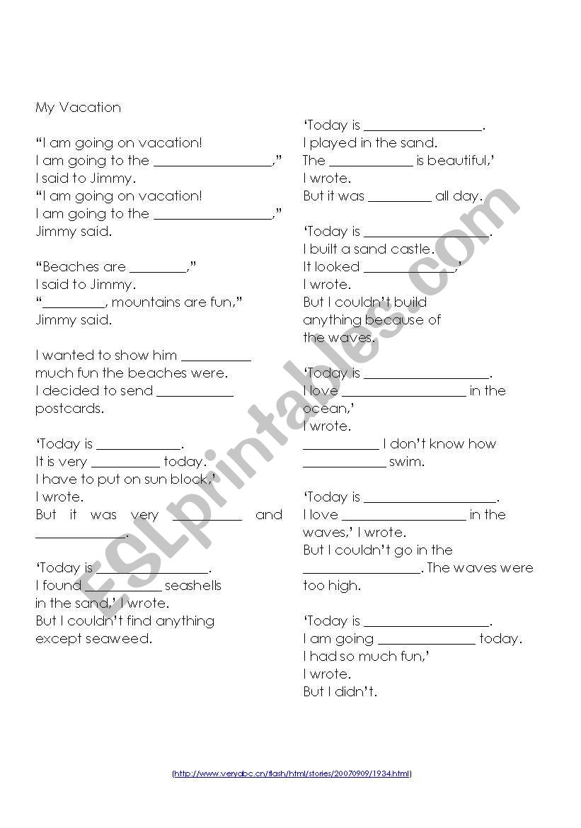 My Vacation Cloze worksheet