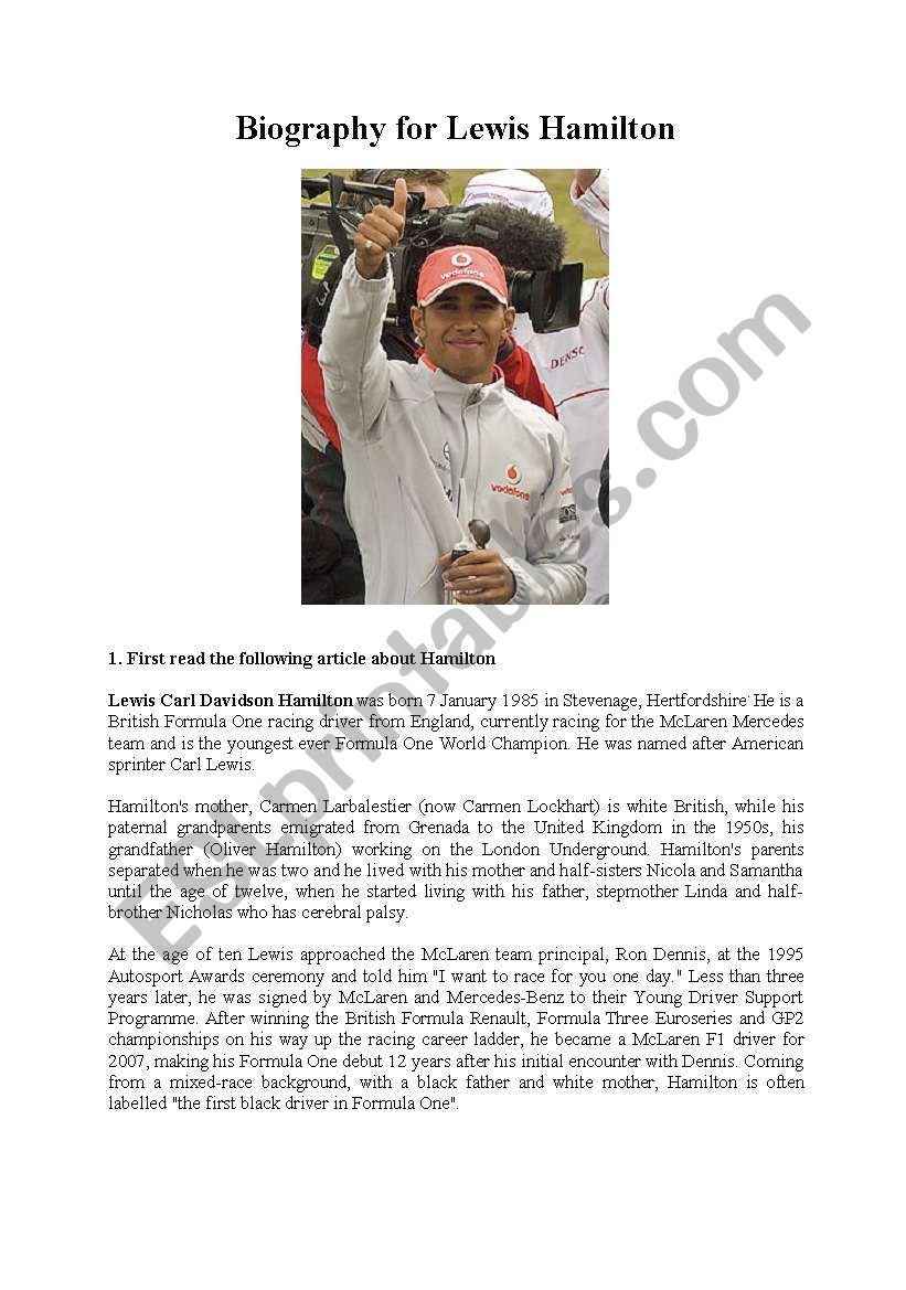 Biography for Lewis Hamilton worksheet