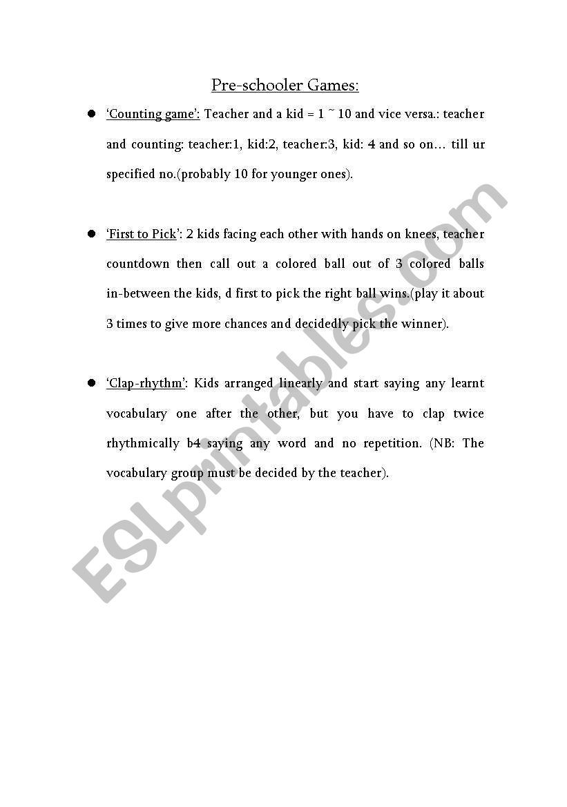 Pre-schooler games worksheet