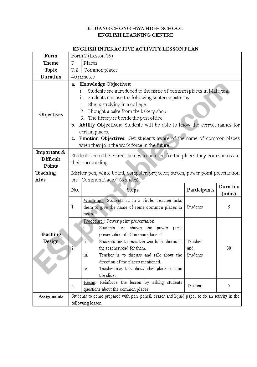 lesson plan,common places worksheet