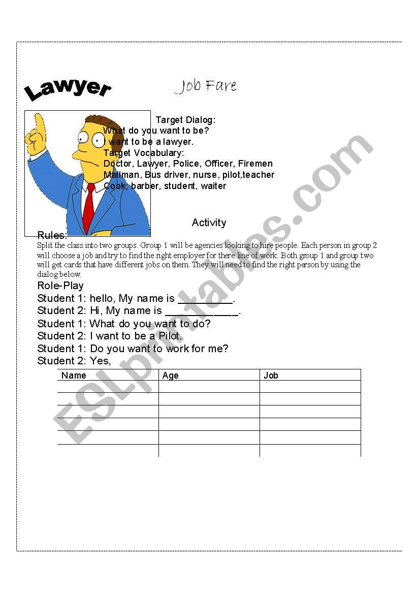 Job Fare  worksheet