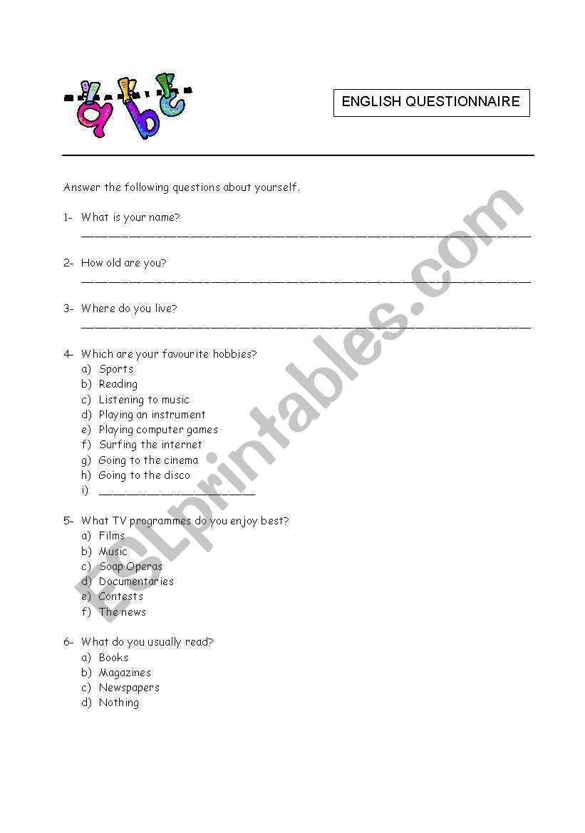 English questionnaire worksheet