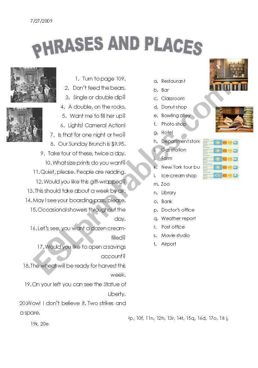 phrases and places worksheet