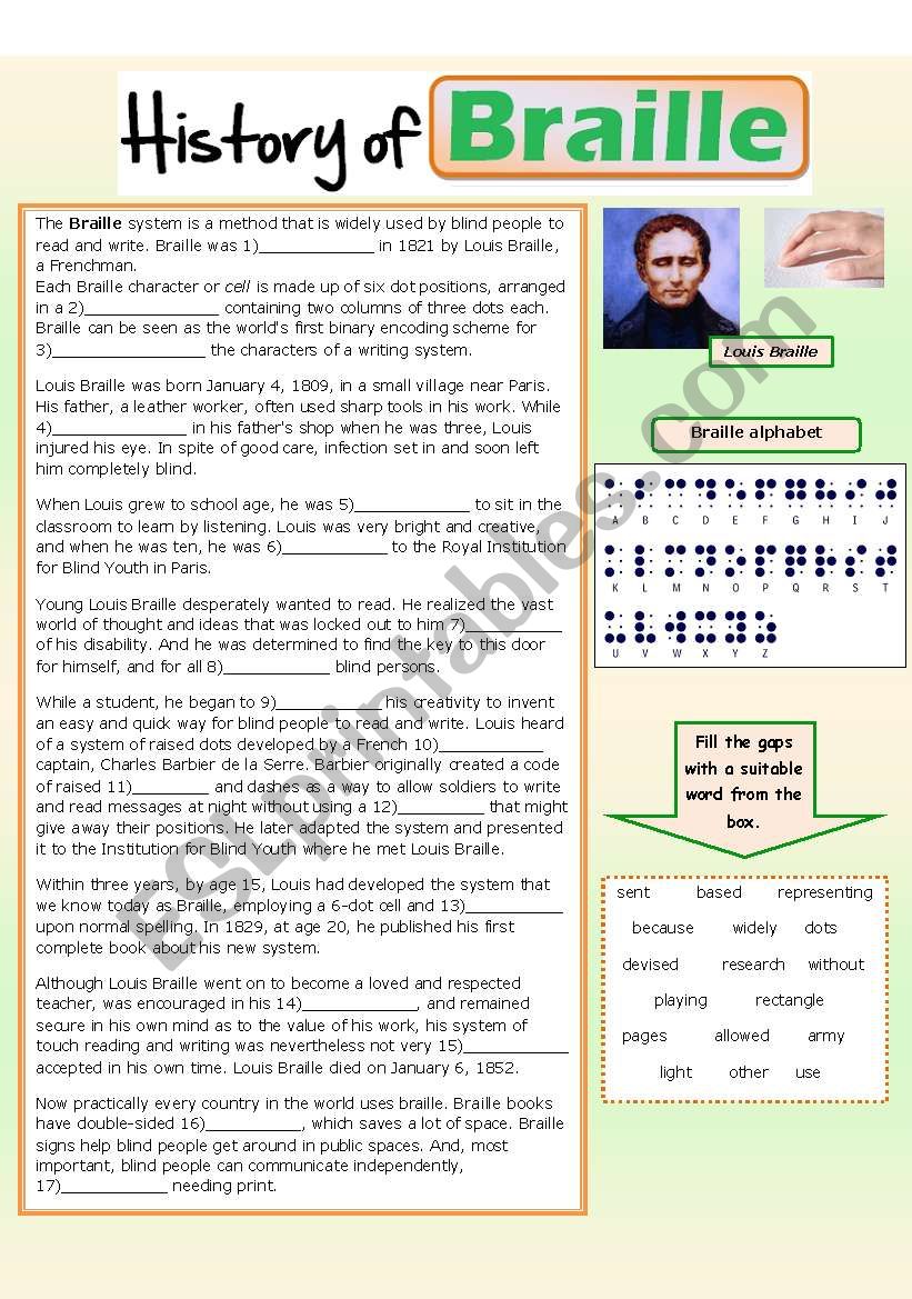 History of Braille worksheet